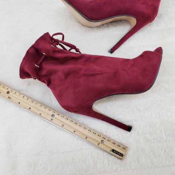 Burgundy Wine Red Drawstring Open Toe High Heel Ankle Boots - Picture 3 of 10